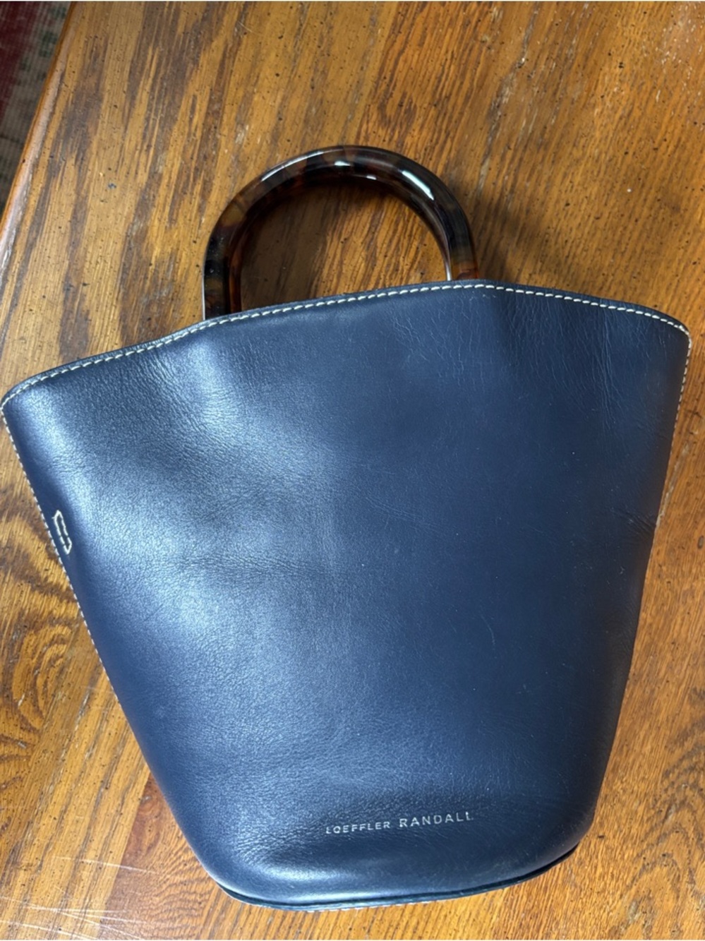 Loeffler Randall Navy Blue Leather Bucket Bag Purse with Tortoiseshell Handle - Picture 2 of 7